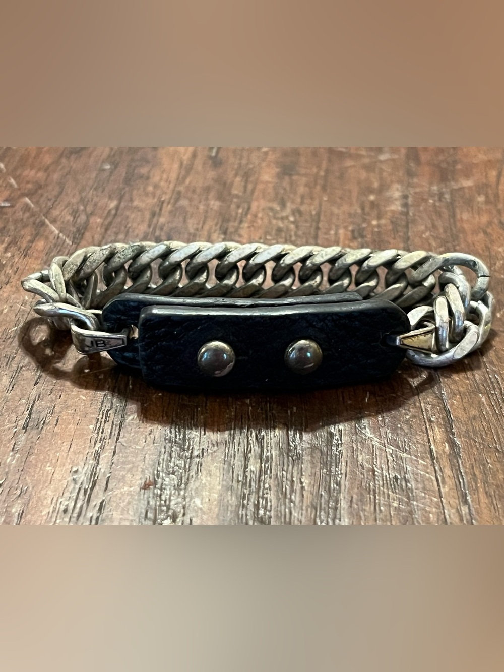 Vintage Jenny Bird Heavy Curb Chain & Black Leather Studded Statement Bracelet